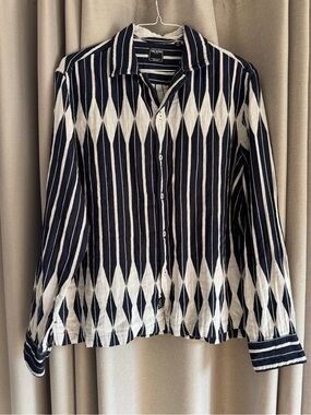Todd Snyder Backgammon Camp Collar Shirt Navy Ivory Geometric M